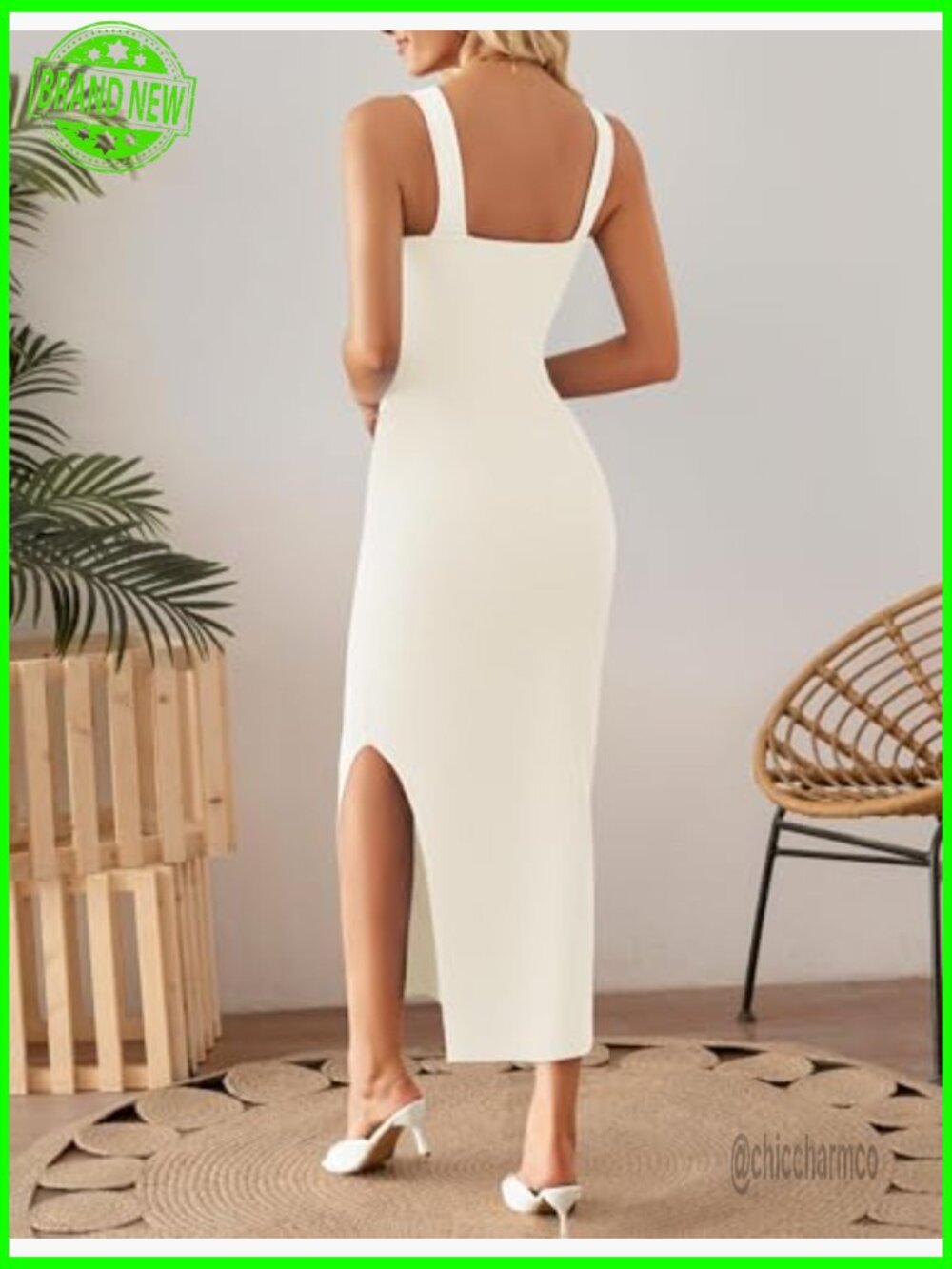 Sleeveless Knit Bodycon Midi Dress Square Neck Side Slit Summer Beach - Picture 4 of 7